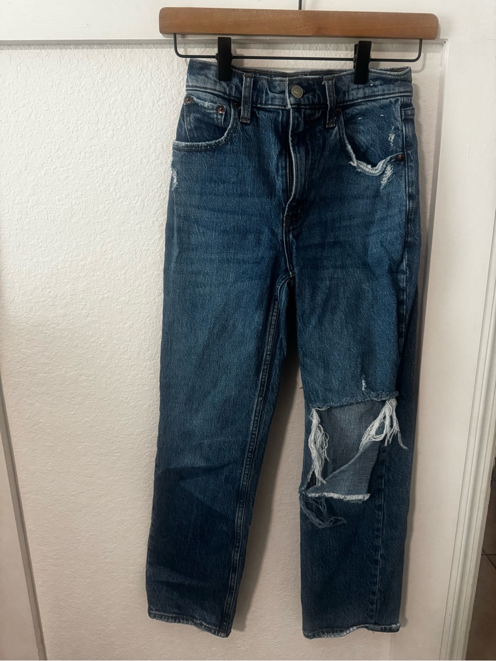 Abercrombie & Fitch Distressed Straight Leg Dark Blue Jeans